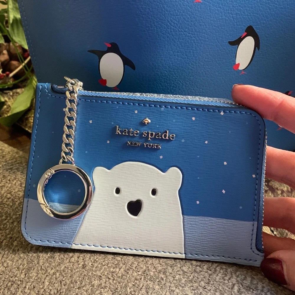 Authentic KATE SPADE Leather arctic bear l-zip card case/keychain - Picture 1 of 7